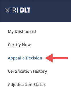 A screenshot of the UI Online menu with an arrow pointing to "Appeal a Decision"