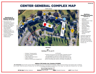 A map of the center general complex with instructions on entering the building