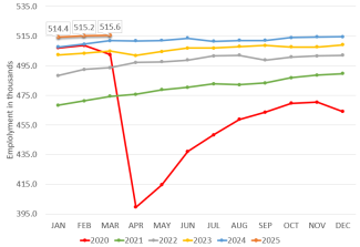 Line graph of job numbers data for year 2020-2025