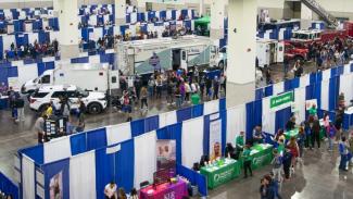 An overhead view of the JA Career Fair booths