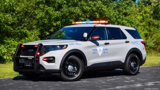 Photo of a Rhode Island State Police car with a green bushy background